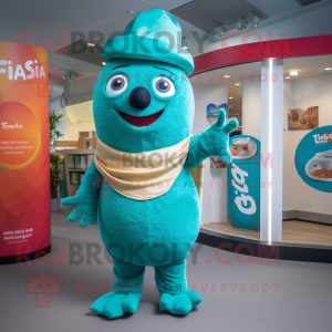 Teal Fajitas mascot costume character dressed with a Playsuit and Rings