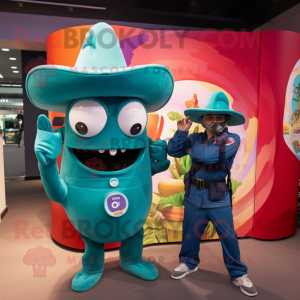 Teal Fajitas mascot costume character dressed with a Playsuit and Rings