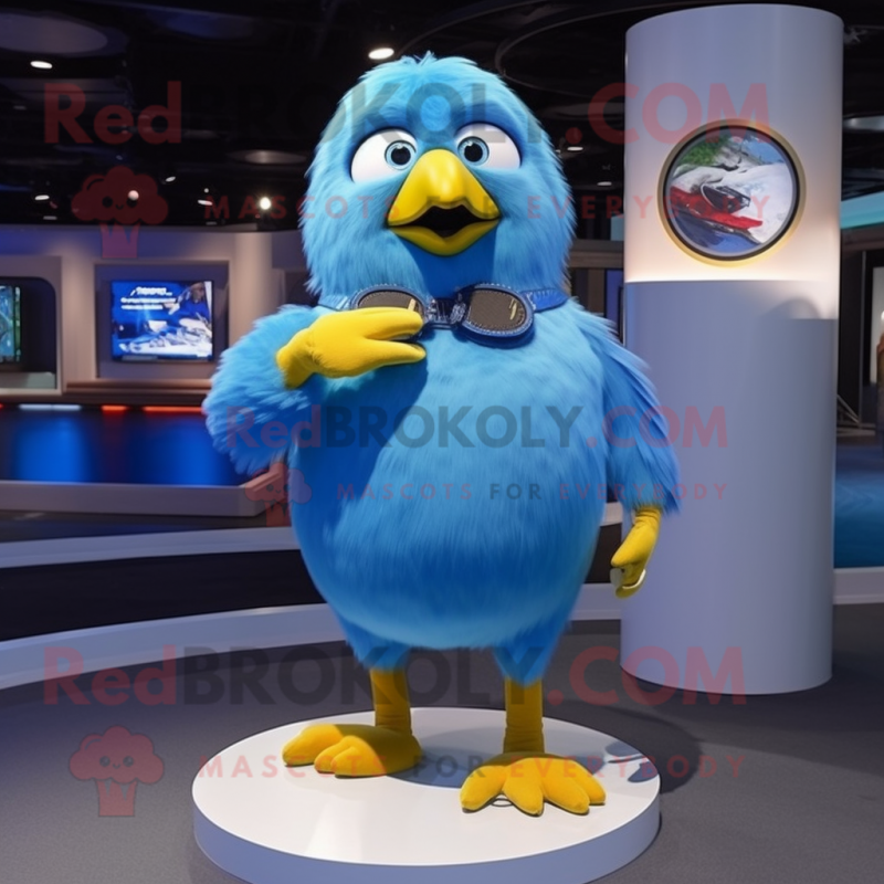 Sky Blue Canary mascot costume character dressed with a Shorts and Bracelet watches Sky Blue Canary mascot costume character dressed with a Shorts and Bracelet watches