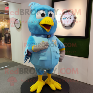 Sky Blue Canary mascot costume character dressed with a Shorts and Bracelet watches