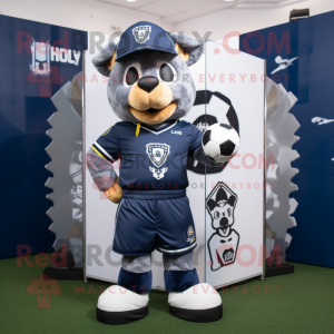 Navy Soccer Goal mascot costume character dressed with a Bomber Jacket and Belts