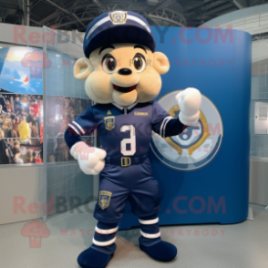 Navy Soccer Goal mascot costume character dressed with a Bomber Jacket and Belts