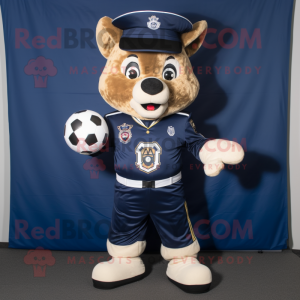 Navy Soccer Goal mascot costume character dressed with a Bomber Jacket and Belts