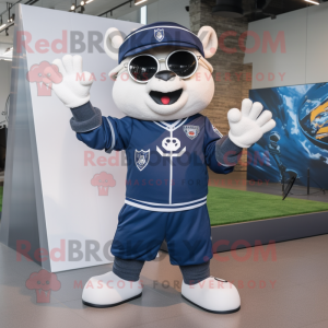 Navy Soccer Goal mascot costume character dressed with a Bomber Jacket and Belts