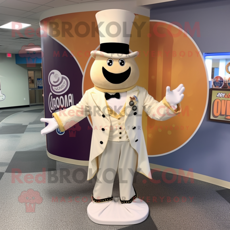 Cream Ring Master mascot costume character dressed with a Dress Shirt and Wraps Cream Ring Master mascot costume character dressed with a Dress Shirt and Wraps