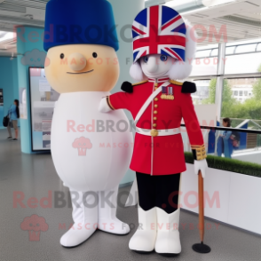 Cream British Royal Guard mascot costume character dressed with a One-Piece Swimsuit and Hairpins