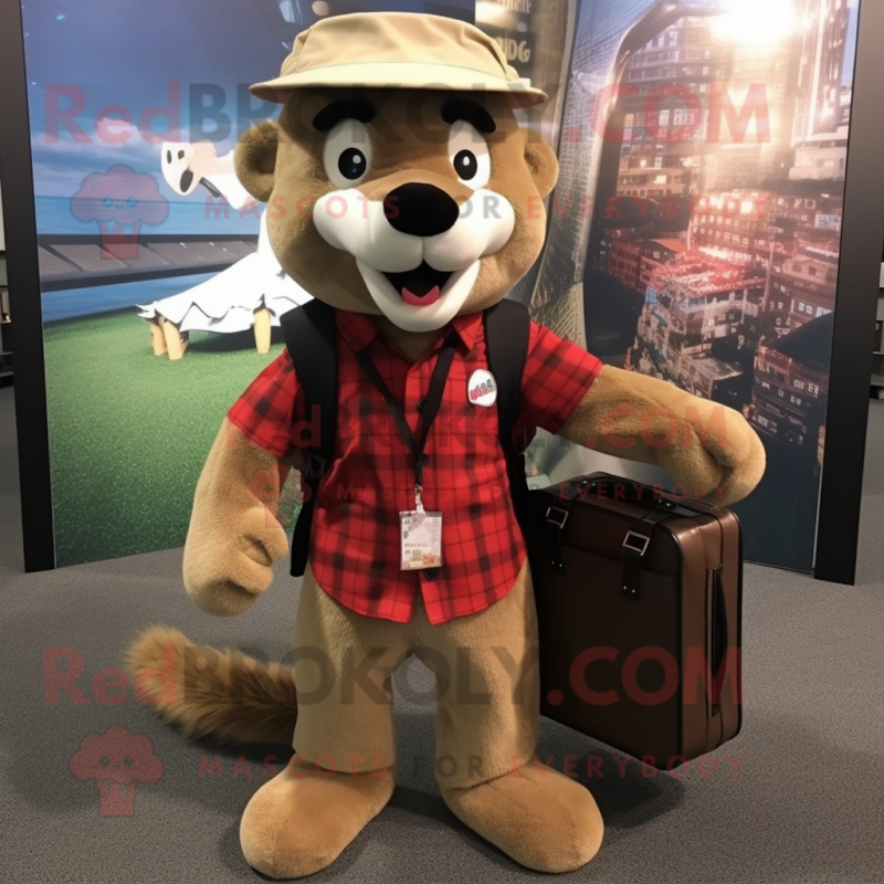Beige Mongoose mascot costume character dressed with a Flannel Shirt and Briefcases
