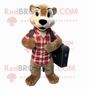 Beige Mongoose mascot costume character dressed with a Flannel Shirt and Briefcases