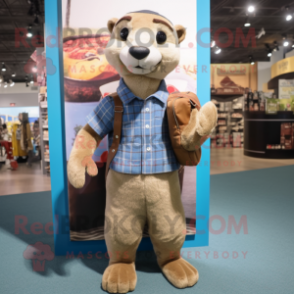 Beige Mongoose mascot costume character dressed with a Flannel Shirt and Briefcases