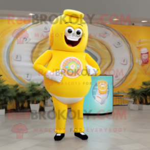 Lemon Yellow Donut mascot costume character dressed with a Polo Shirt and Bracelet watches