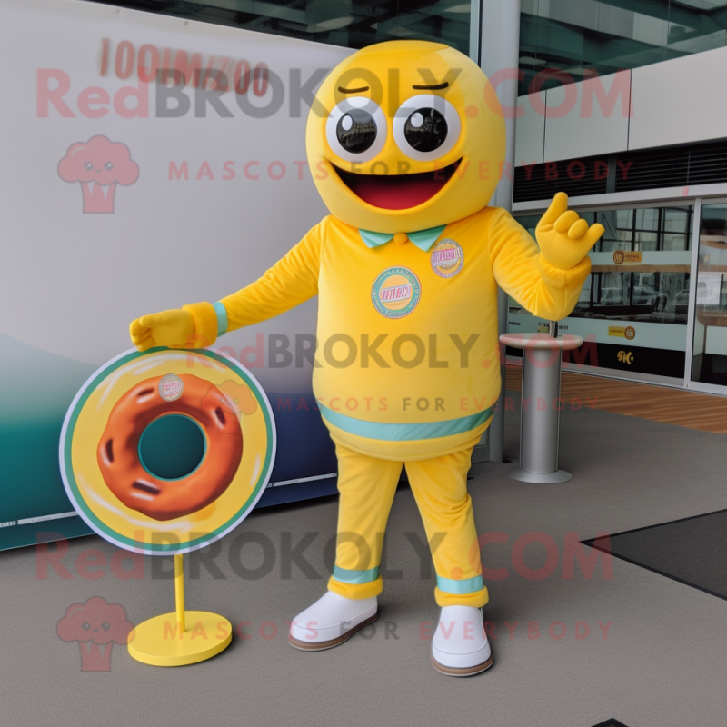 Lemon Yellow Donut mascot costume character dressed with a Polo Shirt and Bracelet watches