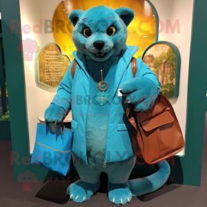 Turquoise Jaguarundi mascot costume character dressed with a Raincoat and Wallets