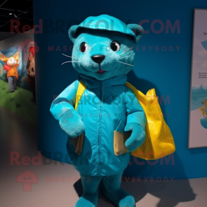 Turquoise Jaguarundi mascot costume character dressed with a Raincoat and Wallets