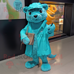 Turquoise Jaguarundi mascot costume character dressed with a Raincoat and Wallets