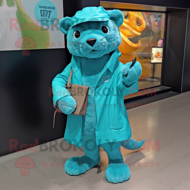 Turquoise Jaguarundi mascot costume character dressed with a Raincoat and Wallets Turquoise Jaguarundi mascot costume character dressed with a Raincoat and Wallets