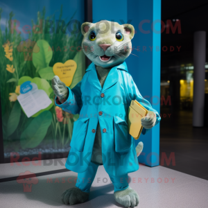 Turquoise Jaguarundi mascot costume character dressed with a Raincoat and Wallets