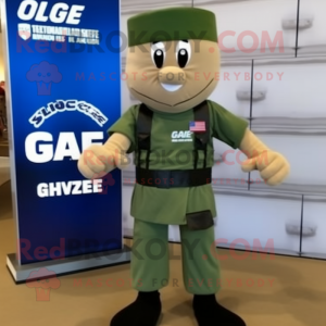 Olive Gi Joe mascot costume character dressed with a Vest and Shoe laces