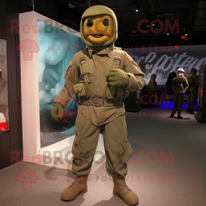 Olive Gi Joe mascot costume character dressed with a Vest and Shoe laces