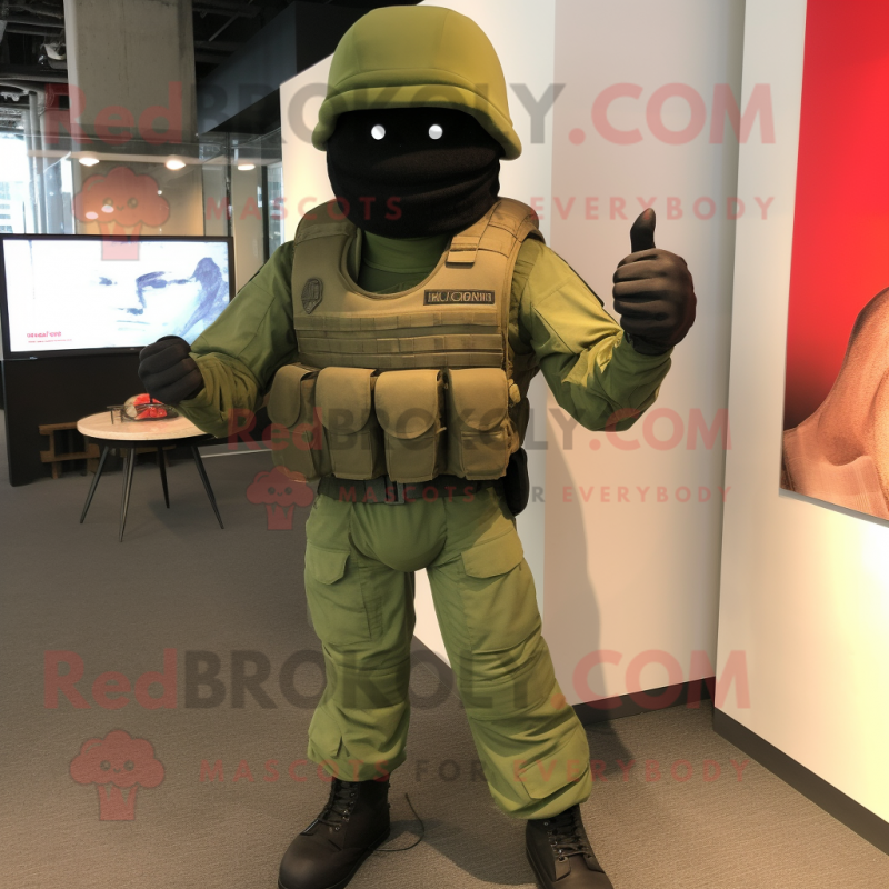 Olive Gi Joe mascot costume character dressed with a Vest and Shoe laces Olive Gi Joe mascot costume character dressed with a Vest and Shoe laces