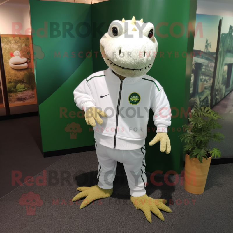 White Crocodile mascot costume character dressed with a Sweatshirt and Hairpins