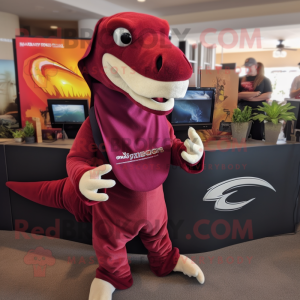 Maroon Parasaurolophus mascot costume character dressed with a Joggers and Shawl pins