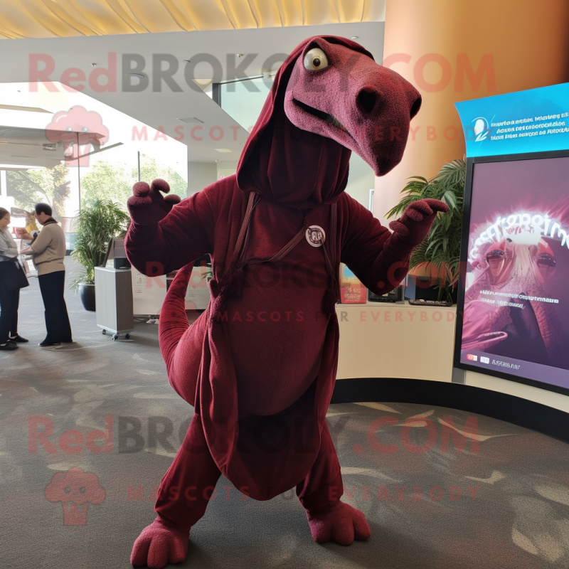 Maroon Parasaurolophus mascot costume character dressed with a Joggers and Shawl pins