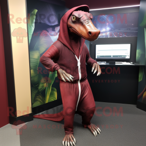 Maroon Parasaurolophus mascot costume character dressed with a Joggers and Shawl pins