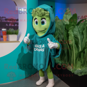 Teal Caesar Salad mascot costume character dressed with a Hoodie and Hairpins