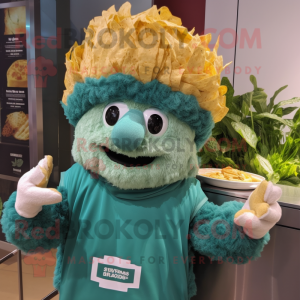 Teal Caesar Salad mascot costume character dressed with a Hoodie and Hairpins