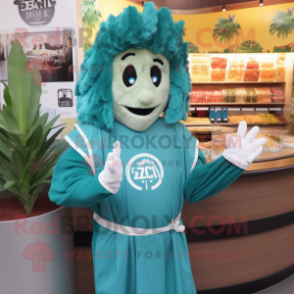 Teal Caesar Salad mascot costume character dressed with a Hoodie and Hairpins