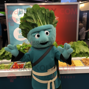Teal Caesar Salad mascot costume character dressed with a Hoodie and Hairpins