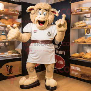 Beige Steak mascot costume character dressed with a Rugby Shirt and Anklets