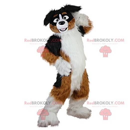 Mascota de perro marrón y blanco grande muy alegre -