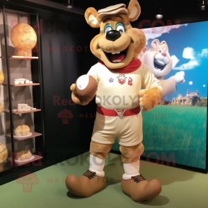 Beige Steak mascot costume character dressed with a Rugby Shirt and Anklets