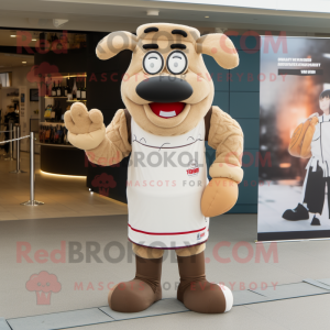 Beige Steak mascot costume character dressed with a Rugby Shirt and Anklets