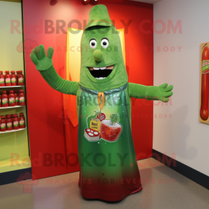 Green Bottle Of Ketchup mascot costume character dressed with a Button-Up Shirt and Shawls