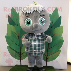 Silver Spinach mascot costume character dressed with a Flannel Shirt and Tie pins