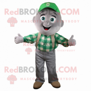 Silver Spinach mascot costume character dressed with a Flannel Shirt and Tie pins