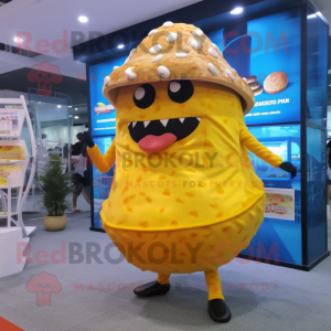 Yellow Burgers mascot costume character dressed with a Bikini and Shawl pins