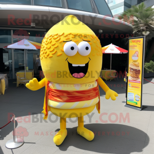 Yellow Burgers mascot costume character dressed with a Bikini and Shawl pins