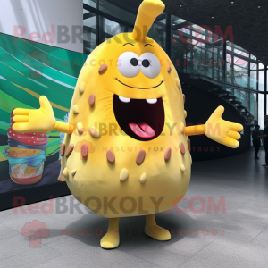 Yellow Burgers mascot costume character dressed with a Bikini and Shawl pins