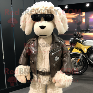 Beige Shepard'S Pie mascot costume character dressed with a Biker Jacket and Bow ties