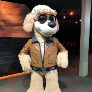 Beige Shepard'S Pie mascot costume character dressed with a Biker Jacket and Bow ties