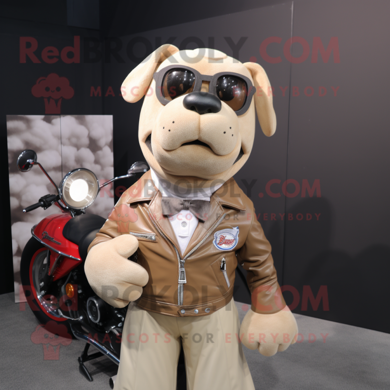 Beige Shepard'S Pie mascot costume character dressed with a Biker Jacket and Bow ties