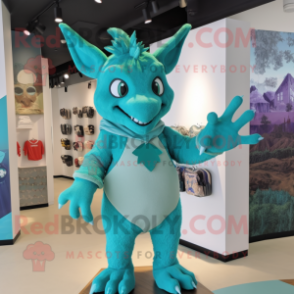 Turquoise Gargoyle mascot costume character dressed with a Bikini and Mittens