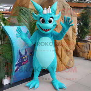 Turquoise Gargoyle mascot costume character dressed with a Bikini and Mittens