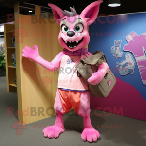 Pink Chupacabra mascot costume character dressed with a Board Shorts and Tote bags