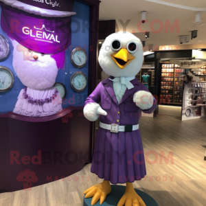 Purple Gull mascot costume character dressed with a Dress Shirt and Bracelet watches