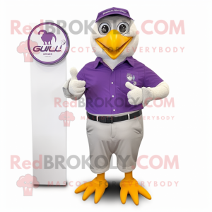 Purple Gull mascot costume character dressed with a Dress Shirt and Bracelet watches