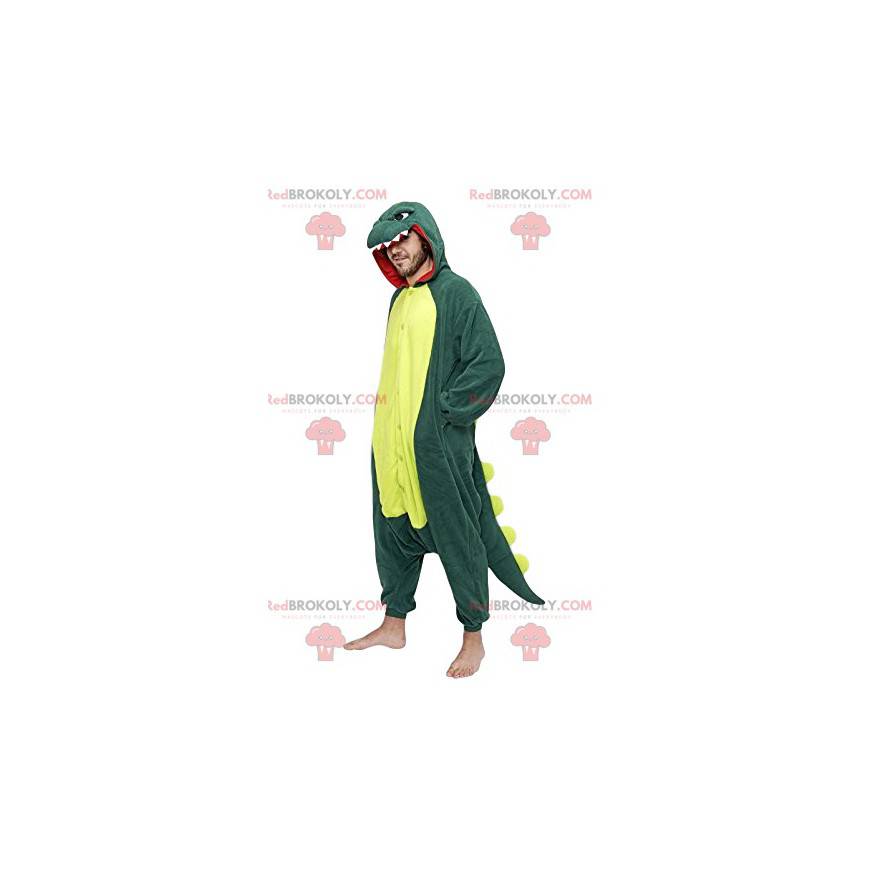Mascota dinosaurio verde con su hermosa cresta amarilla -